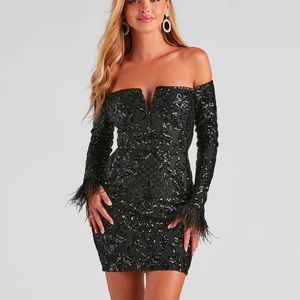 NWT Black Sequin Feather Mini Dress Off the Shoulder